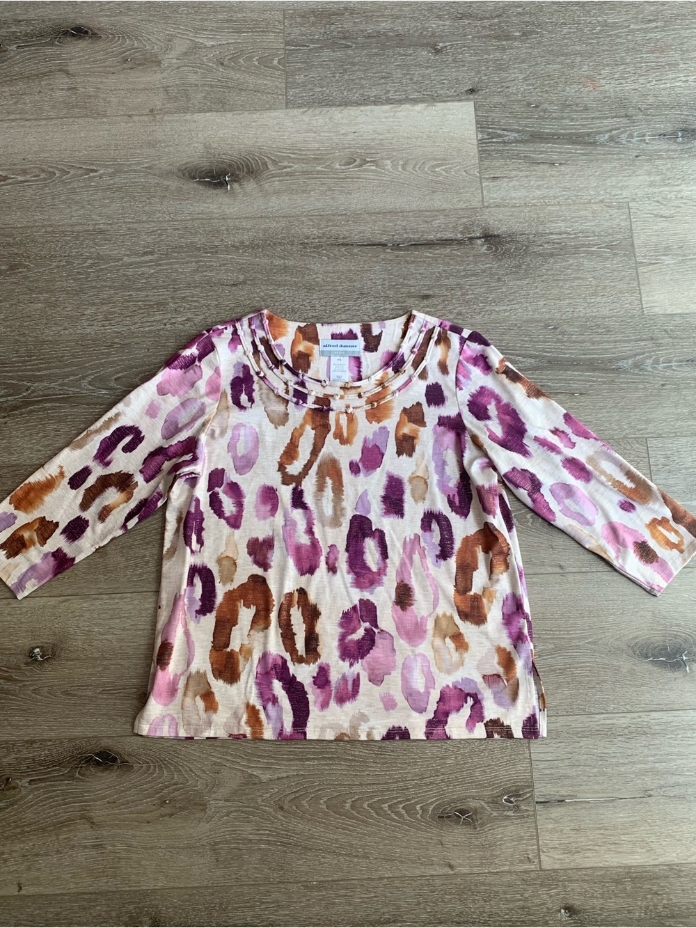 Alfred Dunner Women's Top Blouse Size PS (Petite Small) Purple Print 3/4 Sleeves